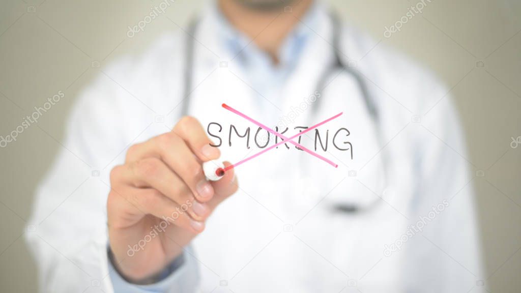 No to Smoking, Doctor writing on transparent screen