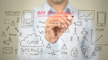 App geliştirme konsept illüstrasyon, şeffaf ekranda yazma adam