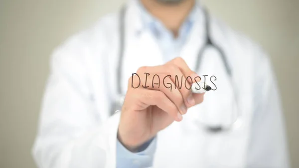 Diagnosis, Doctor writing on transparent screen — Stock Photo, Image