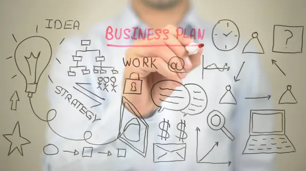 Biznes Plan, ilustracja koncepcja, człowiek pisze na ekranie przejrzysty — Zdjęcie stockowe
