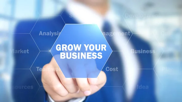 Grow Your Business, üzletember, dolgozik a holografikus felület, mozgás — Stock Fotó