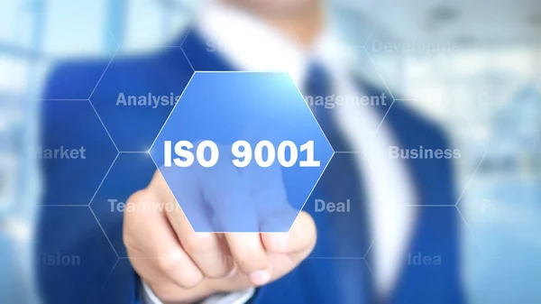 ISO 27001, Empresario que trabaja en interfaz holográfica, Motion Graphics — Foto de Stock