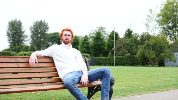 Человек, сидящий на скамейке в парке, красные волосы и борода — стоковое видео