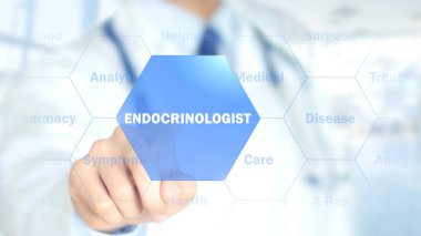 Endokrinolog, holografik arayüzü, hareketli grafikler üzerinde çalışan doktor