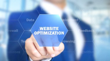 Web sitesi optimizasyonu, holografik arayüzü, görsel ekran üzerinde çalışan adam