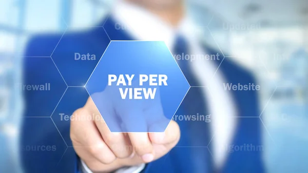 Pay Per View, mężczyzna pracujący na interfejs holograficzne, wizualne ekranu — Zdjęcie stockowe