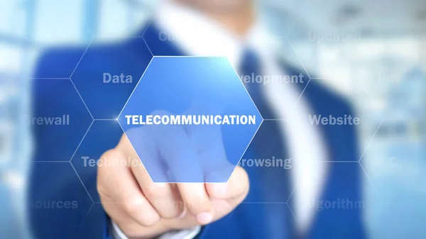Telecommunicaiton，在全息界面，视觉屏幕上工作的人 — 图库照片