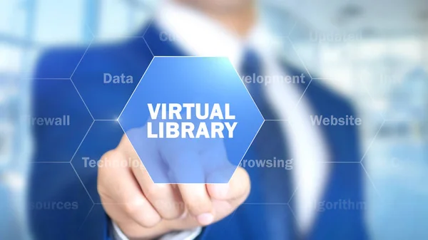 Biblioteca Virtual, Hombre trabajando en la interfaz holográfica, pantalla visual — Foto de Stock