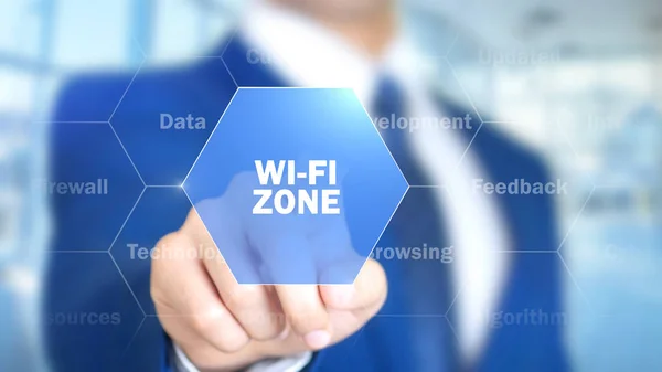 Wi-fi 존, 홀로그램 인터페이스, 영상 화면에서 작업 하는 남자 — 스톡 사진