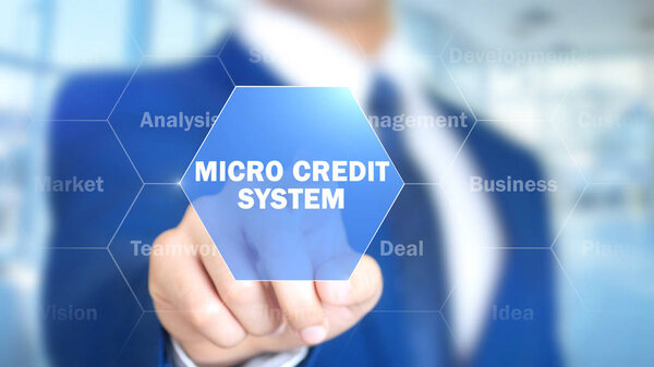 Micro Credit System, Man Working on Holographic Interface, Visual Screen