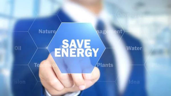 Salvar energia, homem que trabalha na relação holográfica, tela visual — Fotografia de Stock