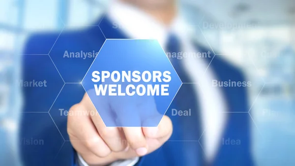 Sponsors Welcome, Man Working on Holographic Interface, Visual Screen — Stock Photo, Image