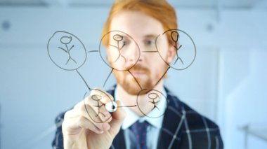 Yaratıcı çizim insanlar kavramı ofis, kırmızı tüyler şeffaf cam üzerinde ağ