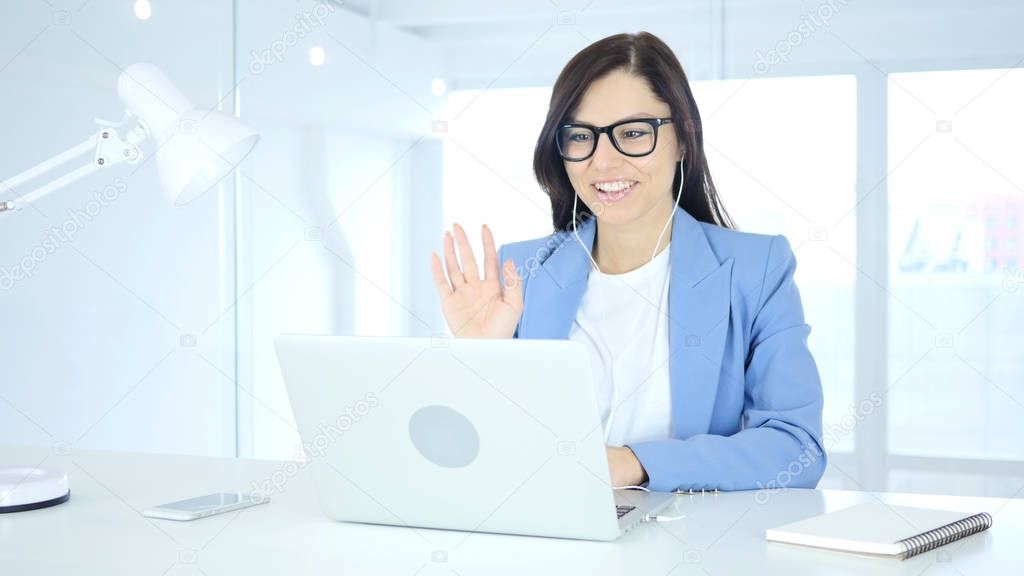 Businesswoman Busy Online Video Chat on Laptop at Work