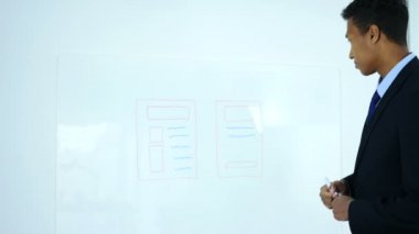 Afro-Amerikan işadamı web tasarımı Office beyaz tahta üzerinde sunuyor