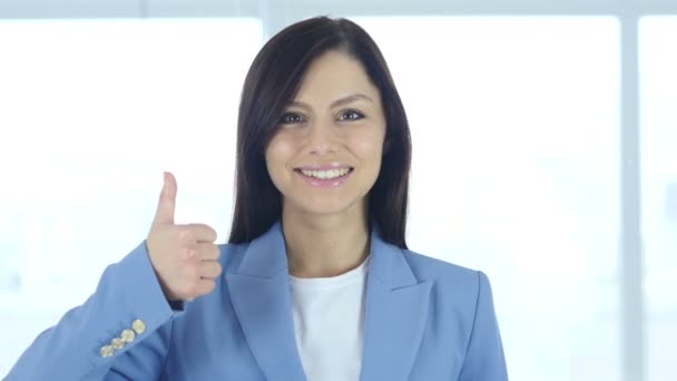 Thumbs Up by Young Businesswoman in Office — Stock Video