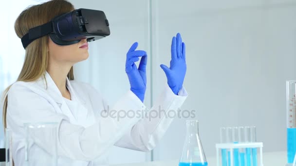 Woman Wearing virtual reality glasses in Laboratory, using VR goggles headset — Stock Video