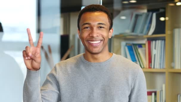 Victory Sign Young Afro American Man Portrait — Stock Video