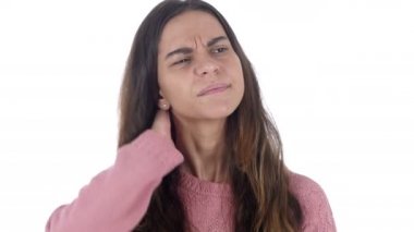 Boyun ağrısı olan yorgun Latin Kadın, Beyaz Arkaplan