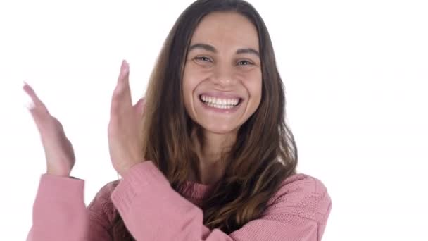仕事、拍手、白い背景で若い女の子を拍手 — ストック動画