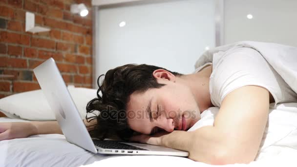 Man Sleeping in Bed near Laptop, After Work — Stock Video