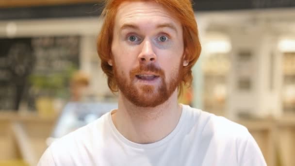 Thumbs Up with Both Hands by Redhead Beard Man in Cafe — Stok Video