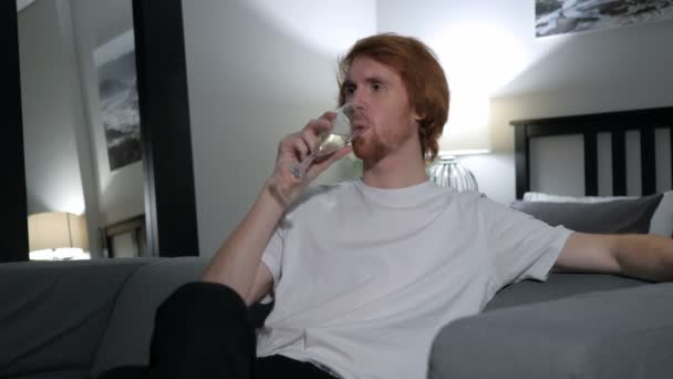 Vörös hajú ember iszik pezsgő bor, ül a kanapén pihen — Stock videók