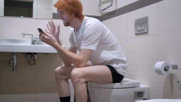 Chat vidéo en ligne assis dans les toilettes, Commode — Video