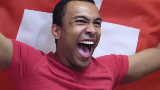 İsviçre Fan yavaş çekimde İsviçre bayrağı tutarken kutluyor — Stok video