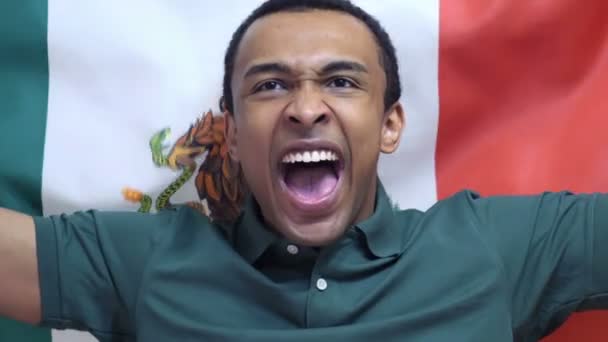 Mexican Fan celebrates holding the flag of Mexico in Slow Motion — Stock Video