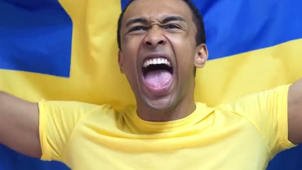 Schwedischer Fan feiert das Halten der schwedischen Flagge in Zeitlupe — Stockvideo