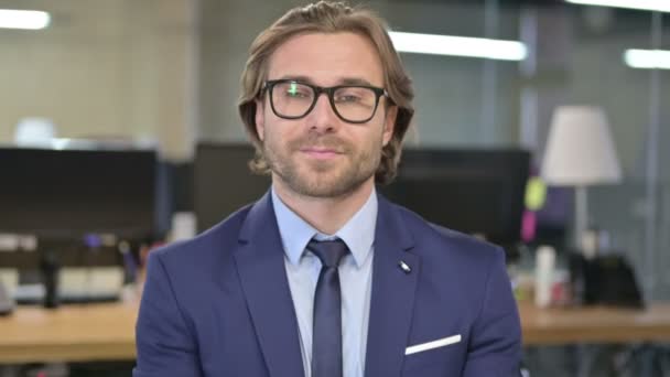 Porträt eines lächelnden und klatschenden Geschäftsmannes im Amt — Stockvideo