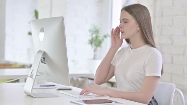 Tired Young Woman having Headache in Office — Stock Video