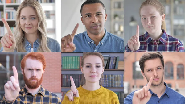 Коллаж молодых людей, говорящих "нет" жестами пальцев — стоковое фото