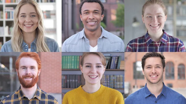 Die Collage von jungen Menschen, die in die Kamera blicken und lächeln — Stockfoto
