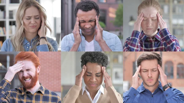 Die Collage von jungen Menschen mit Kopfschmerzen — Stockfoto