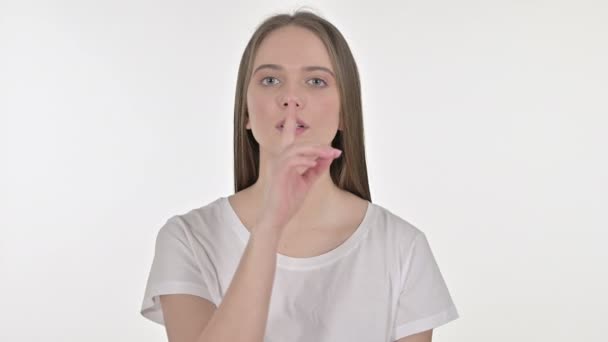 Portrait of Beautiful Young Woman putting Finger on Lips — Stock Video