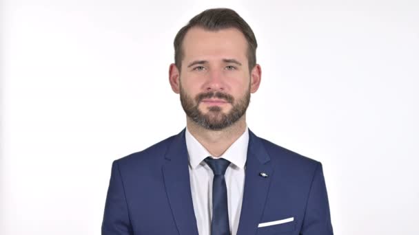 Successful Businessman showing Victory Sign, White Background — 비디오