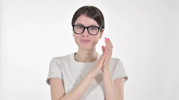 The Young Woman Clapping with Hands on White Background — 스톡 사진