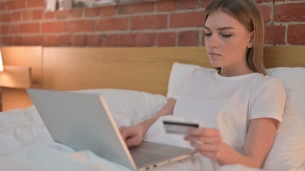 Young Female Celebrating Online Payment Success on Laptop — Stock Video