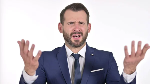 Shocked Young Businessman Reacting to Failure, White Background — Stock Photo, Image