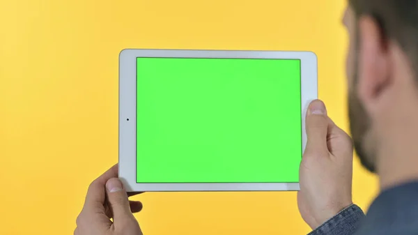 Achteraanzicht van de jonge ontwerper Scroll op tablet met chroma scherm, gele achtergrond — Stockfoto