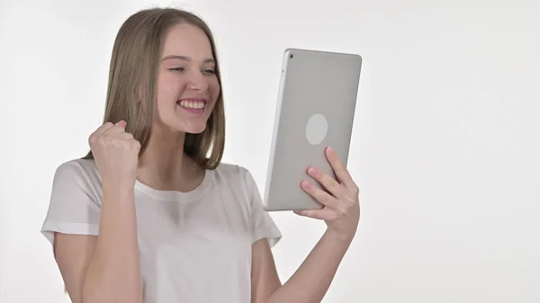 Portrait of Cheerful Young Woman Celebrating on Tablet — Stock Photo, Image