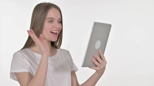 Video Chat on Tablet by Young Woman, White Background — Stock Photo, Image