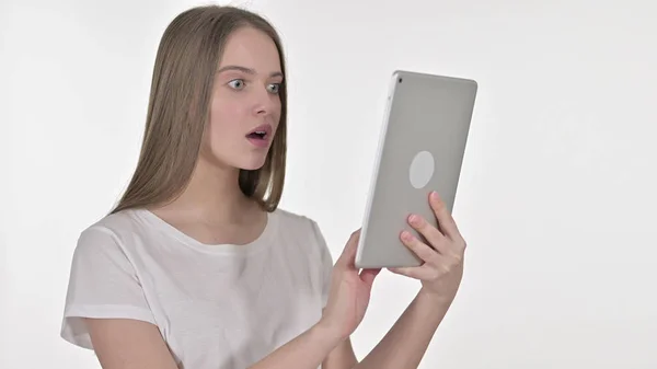 Sad Beautiful Young Woman Facing Loss on Tablet — Stock Photo, Image