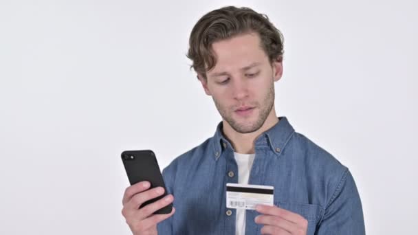 Online Payment on Smartphone by Young Man on White Background — Αρχείο Βίντεο