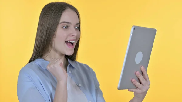Portrait of Cheerful Young Woman Celebrating on Tablet — Stock Photo, Image