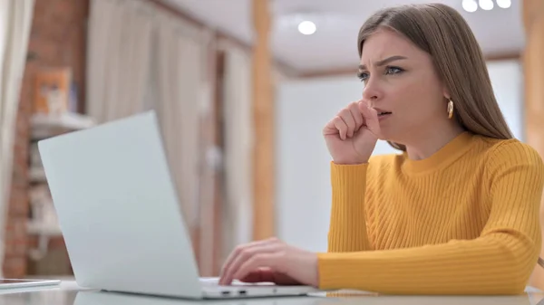 Sick Young Creative Young Woman Coughing in Office — Stock Photo, Image