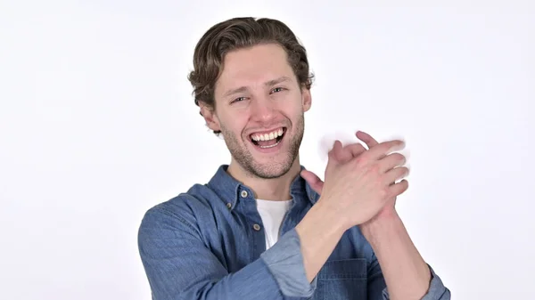 Positive Young Man Clapping and Cheering on White Background — Stock Photo, Image