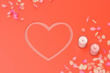 Yaprakları ve mumlar kırmızı kalp şeklinde arka plan üzerinde. 3D illustra